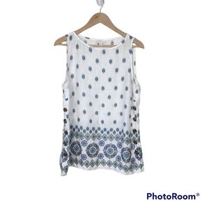 J. Jill Love Linen Blue White Side Button Sleeveless Tank Top Shirt Sz M